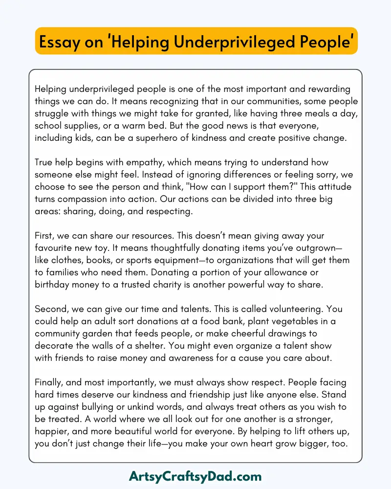 'Helping Underprivileged People' – 300 Words Essay for Grades 8 to 10 Students