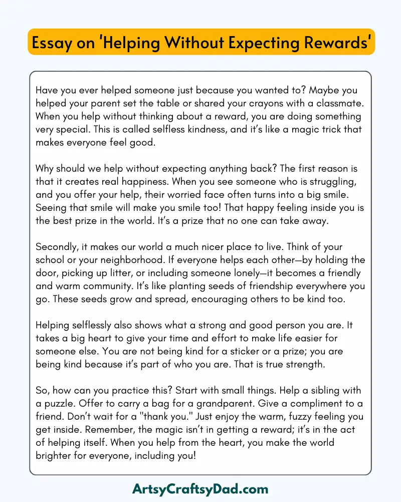 'Helping Without Expecting Rewards' - 300 Words  Essay for Grade 7 to 8 Students
