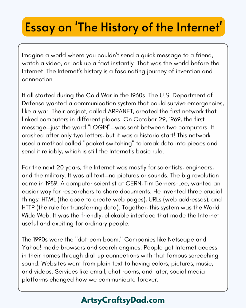'The History of the Internet' - 300 Words Essay for Grades 8 to 10 Students