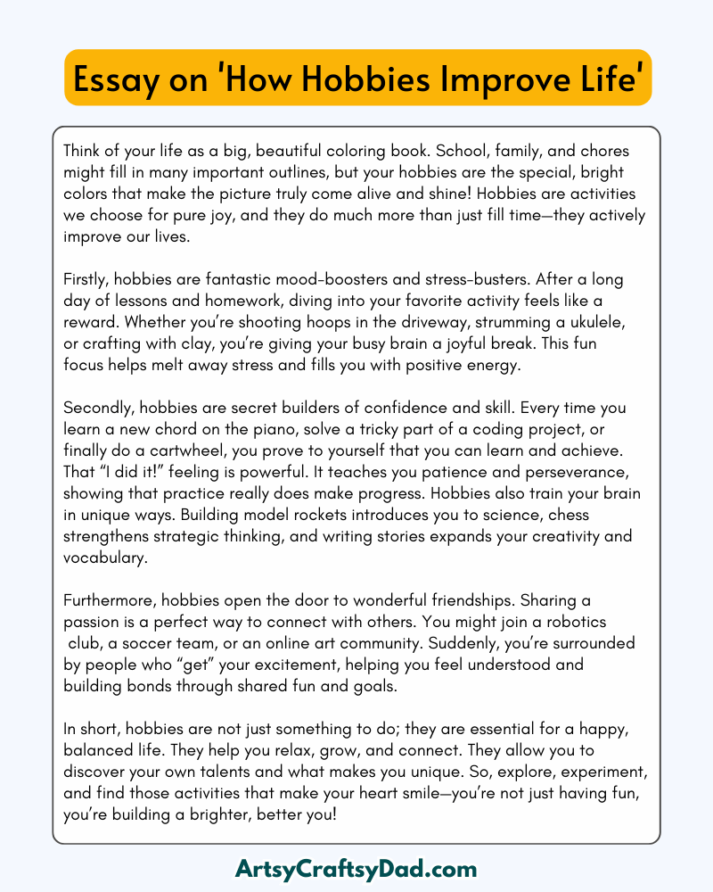 'How Hobbies Improve Life' - 300 Words Essay for Grades 9 & 10 Students