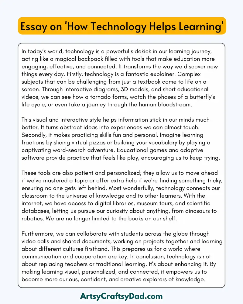 'How Technology Helps Learning' - 300 Words Essay for Grades 8 to 10 Students