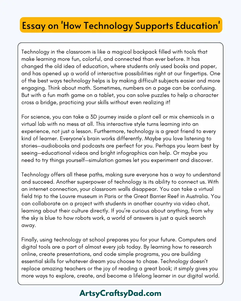 'How Technology Supports Education' - 300 Words Essay for Grades 7 to 10 Students
