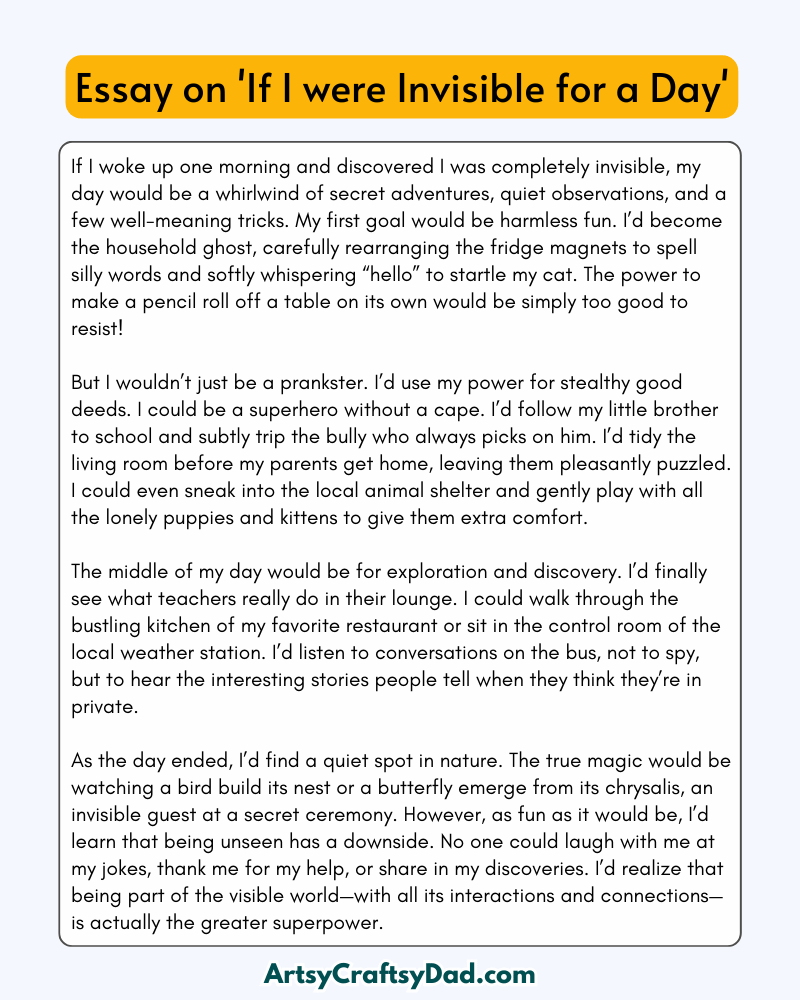 'If I were Invisible for a Day' – 300 Words Essay for grade 10 Students