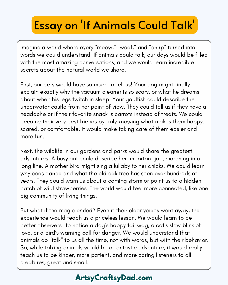 'If Animals Could Talk' - 300 Words Essay for Grades 8 to 10 Students