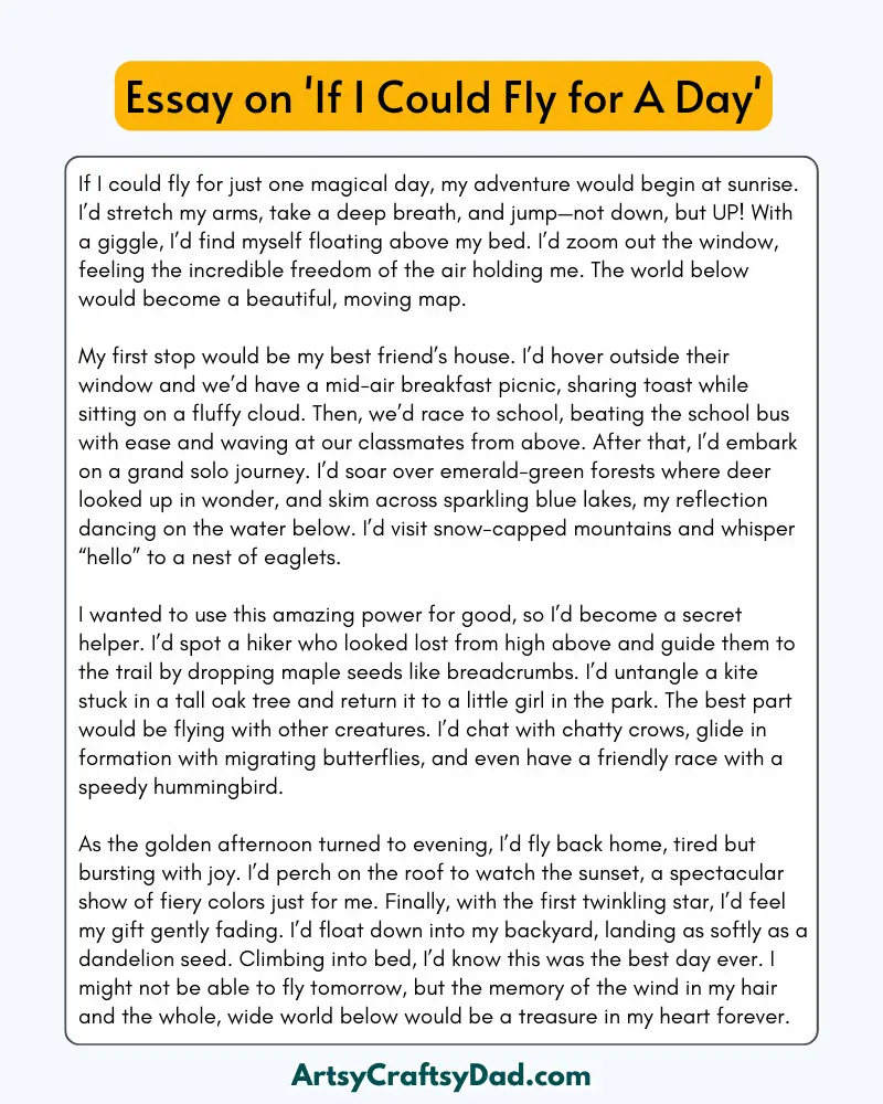 'If I Could Fly for A Day' – 300 Words Essay for Grades 8 to 10 Students