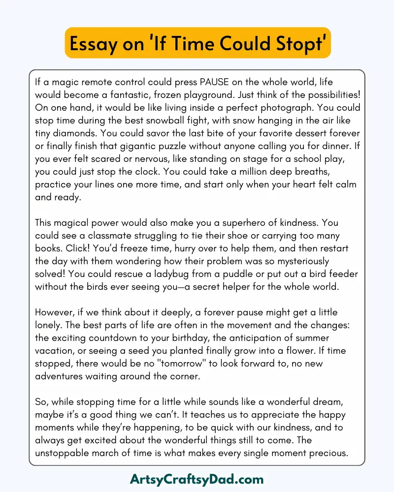 'If Time Could Stop' – 300 Words Essay for Grades 8 to 10 Students