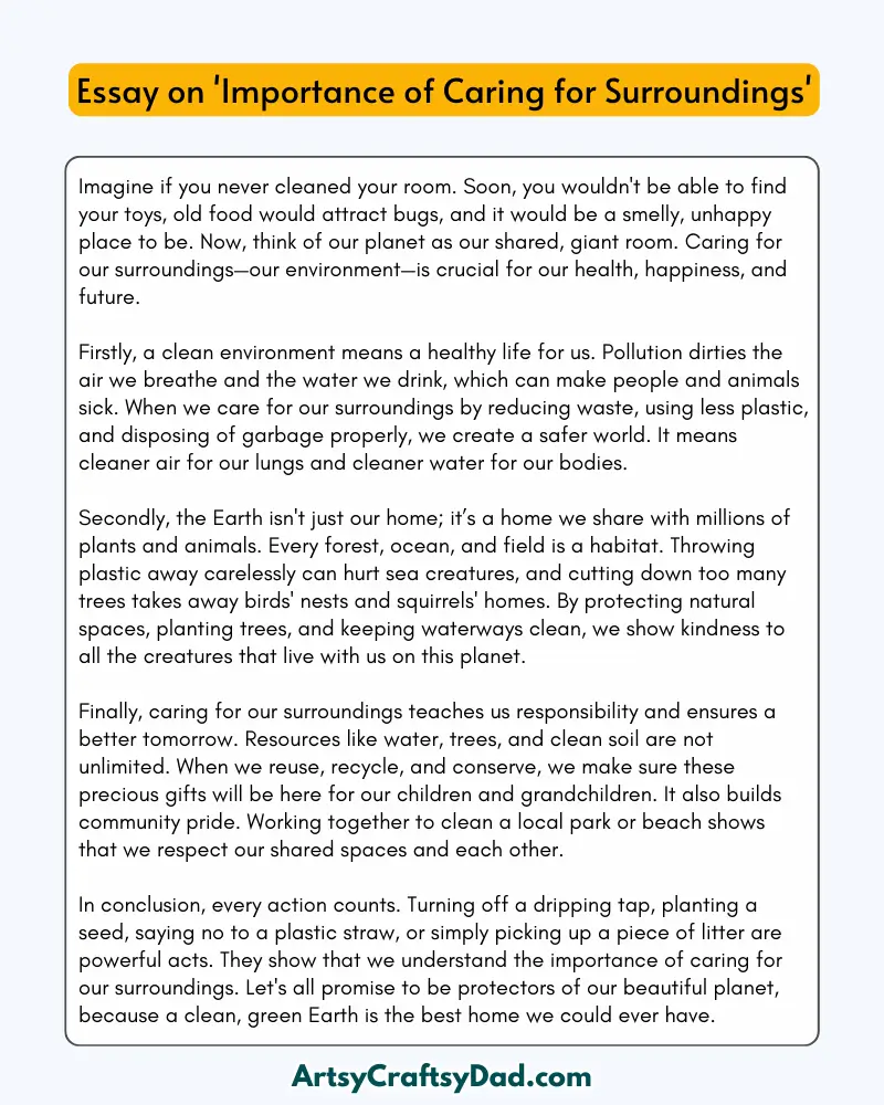 'Importance of Caring for Surroundings' - 300 Words Essay For Grades 8 to 10 Students