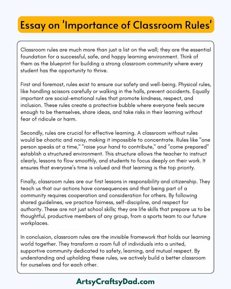'Importance of Classroom Rules' – 300 Words Essay for Grades 8 to 10 Students