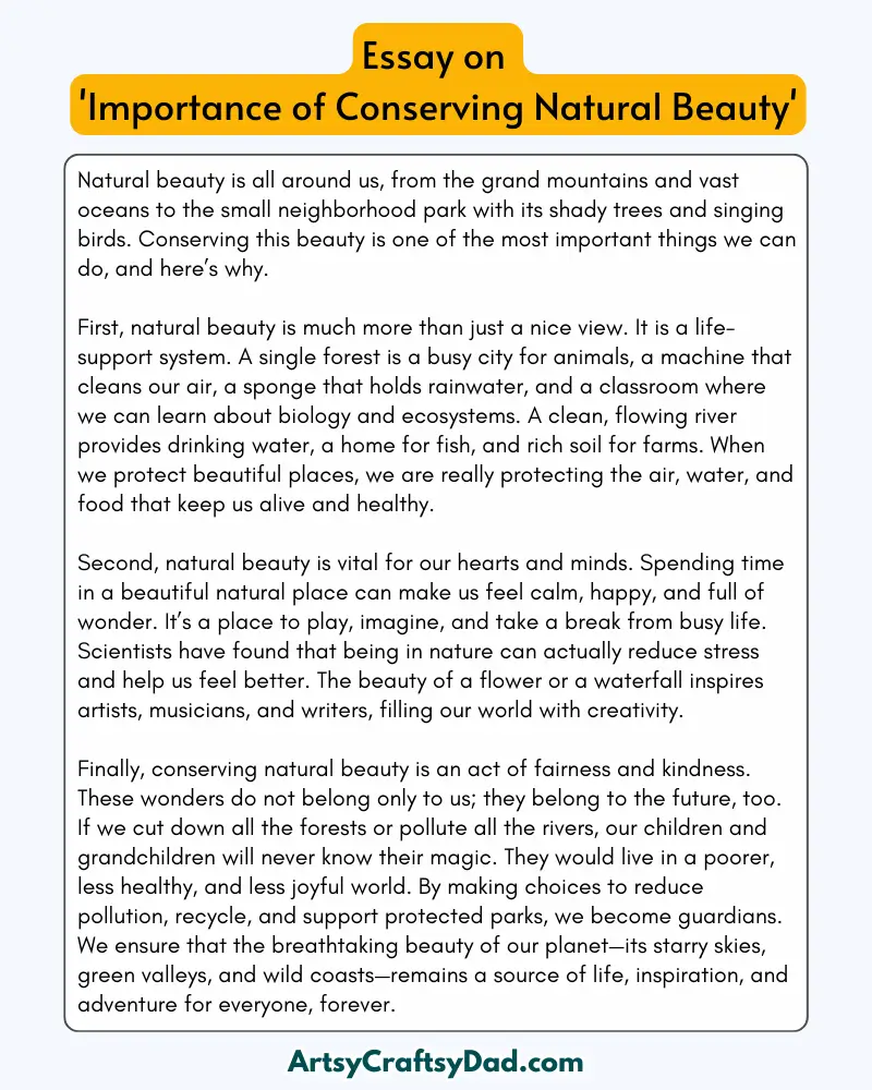 'Importance of Conserving Natural Beauty' - 300 Words  Essay for Grades 9 to 10 Students