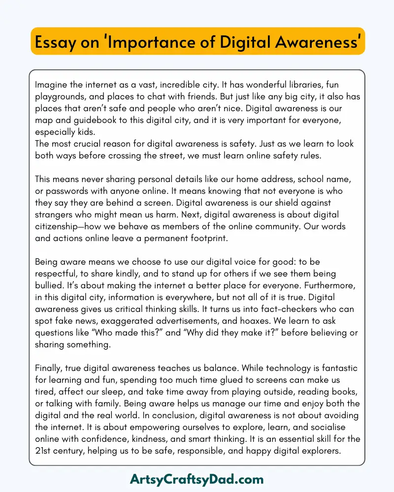'Importance of Digital Awareness' - 300 Words Essay for Grades 8 to 10 Students