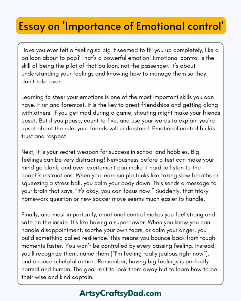 'Importance of Emotional control' - 300 Words  Essay for Grades 9 to 10 Students