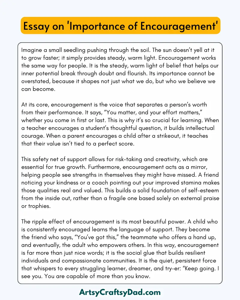 'Importance of Encouragement' - 300 Words  Essay for Grades 8 to 10 Students