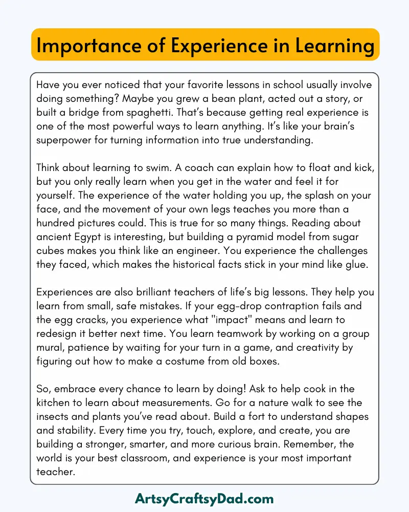 'Importance of Experience in Learning' – 300 Words Essay for Grades 8 to 10 Students