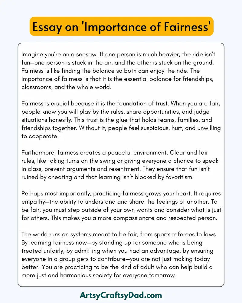 'Importance of Fairness' - 300 Words  Essay for Grades 8 to 10 Students