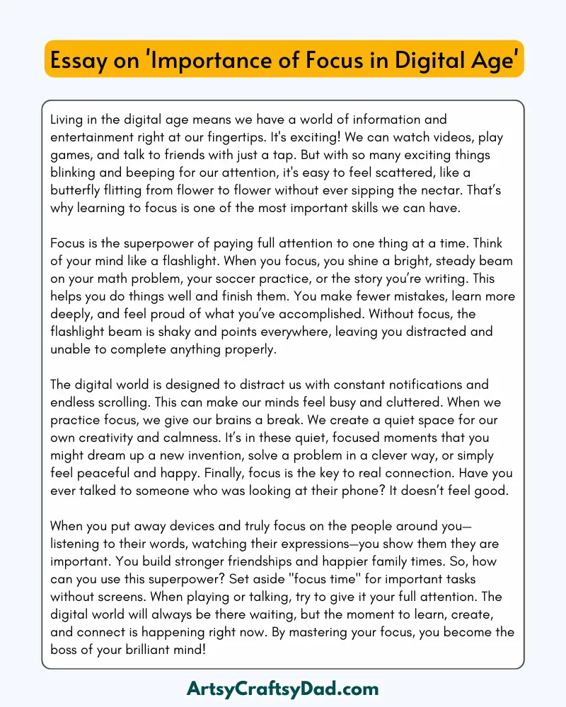 'Importance of Focus in Digital Age' - 300 Words Essay for Grades 8 to 10 Students