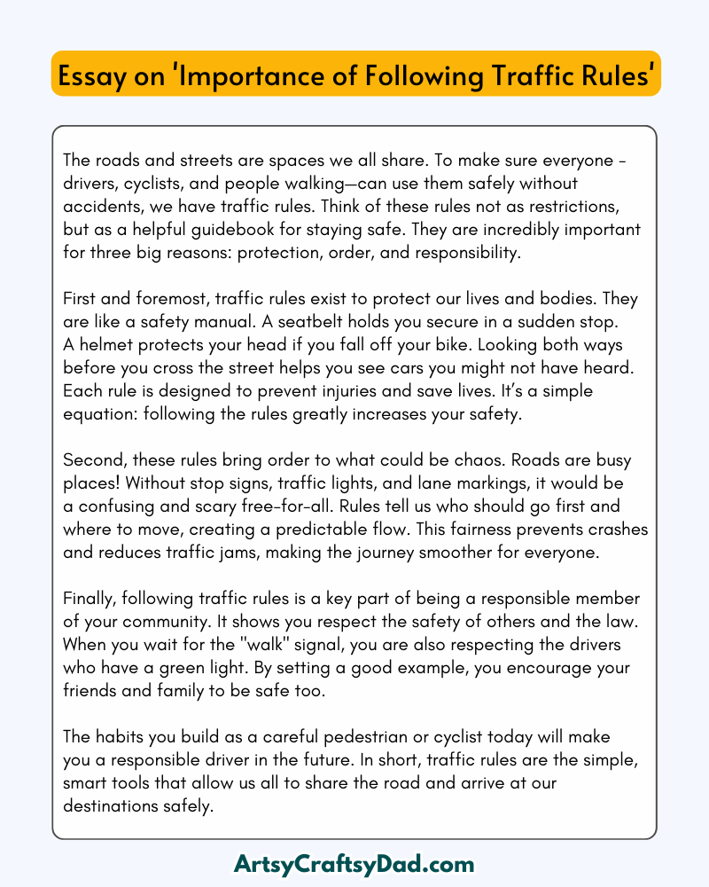 'Importance of Following Traffic Rules' - 300 Words Essay for Grades 6 to 8 Students