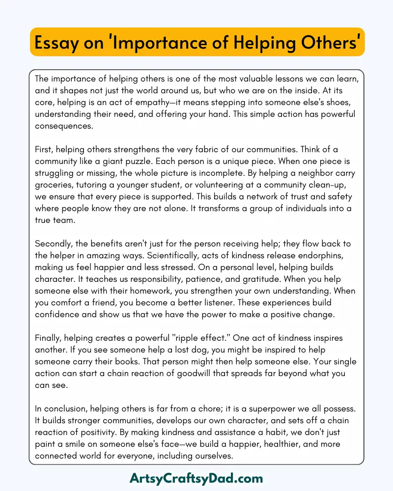 'Importance of Helping Others' – 300 Words Essay for Grades 8 to 10 Students