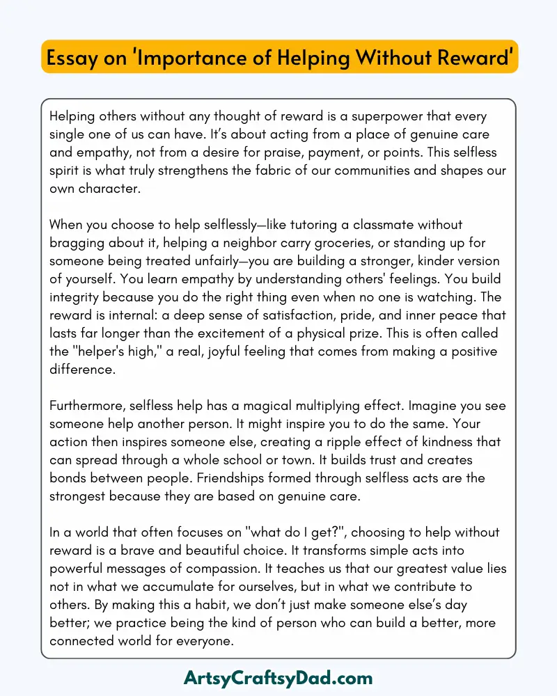 'Importance of Helping Without Reward' – 300 Words Essay for Grades 7 to 10 Students