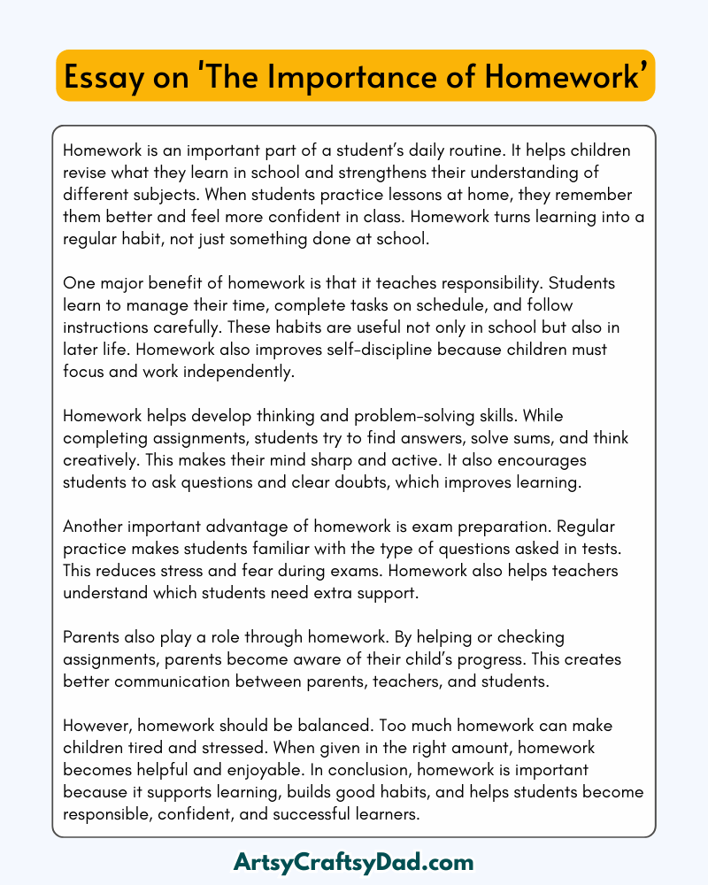 'The Importance of Homework' – 300 Words Essay for grades 6 to 7 students