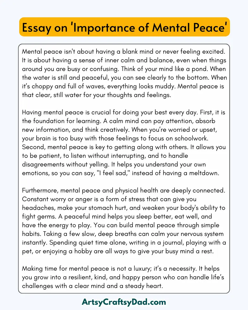 'Importance of Mental Peace' - 300 Words  Essay for Grades 9 to 10 Students