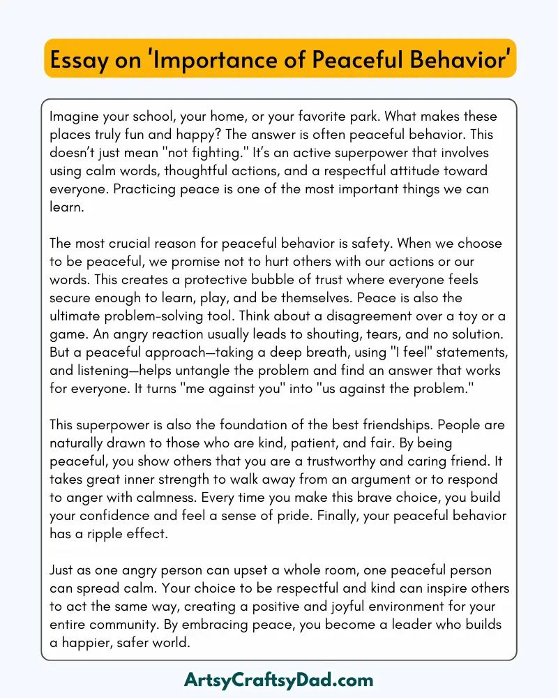 'Importance of Peaceful Behavior' - 300 Words  Essay for Grades 9 to 10 Students