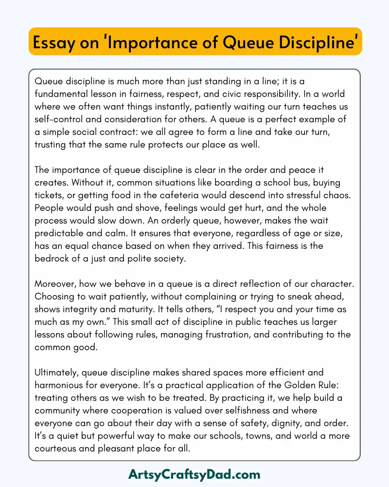 'Importance of Queue Discipline' - 300 Words  Essay for Grades 9 to 10 Students