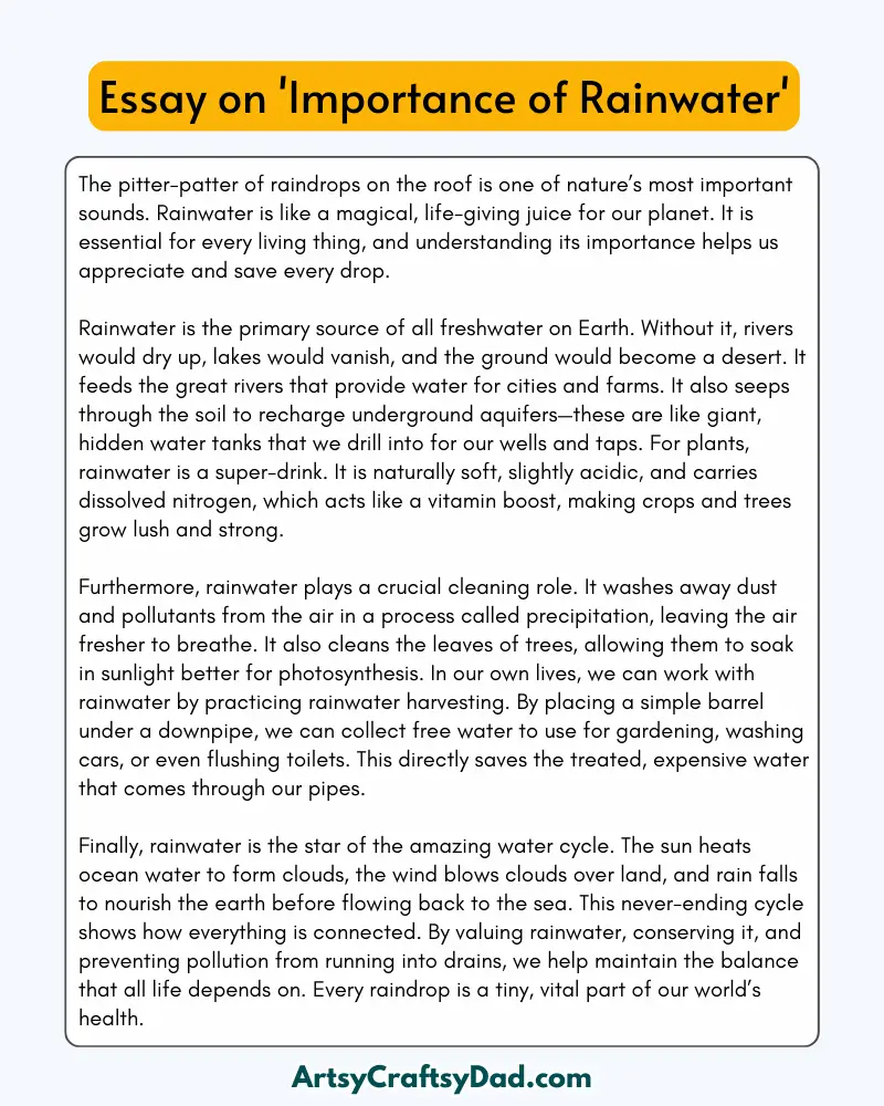 'Importance of Rainwater' - 300 Words  Essay for Grade 7 to 8 Students