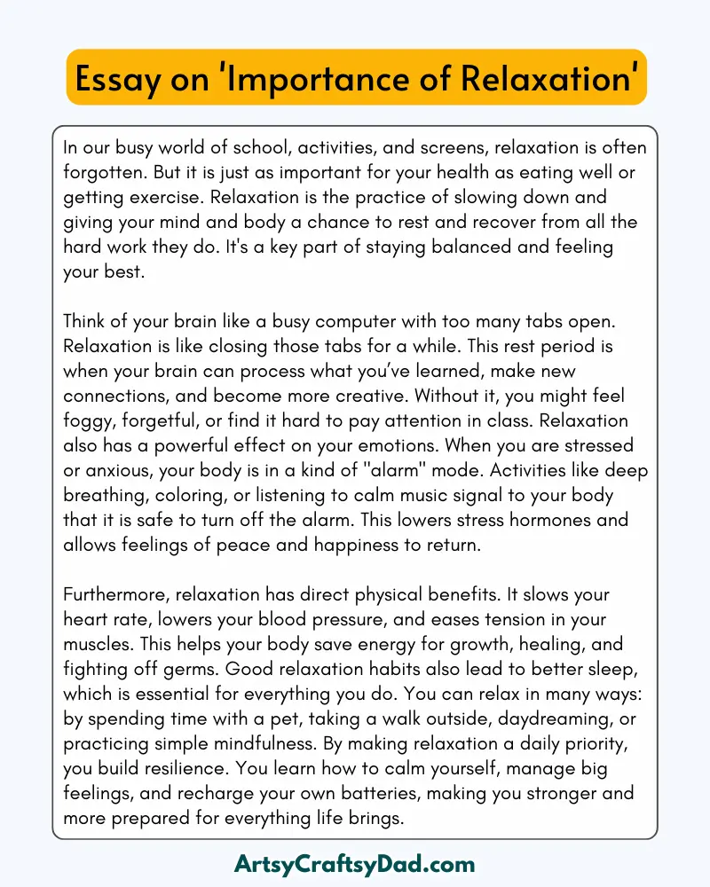 'Importance of Relaxation' - 300 Words  Essay for Grades 9 to 10 Students