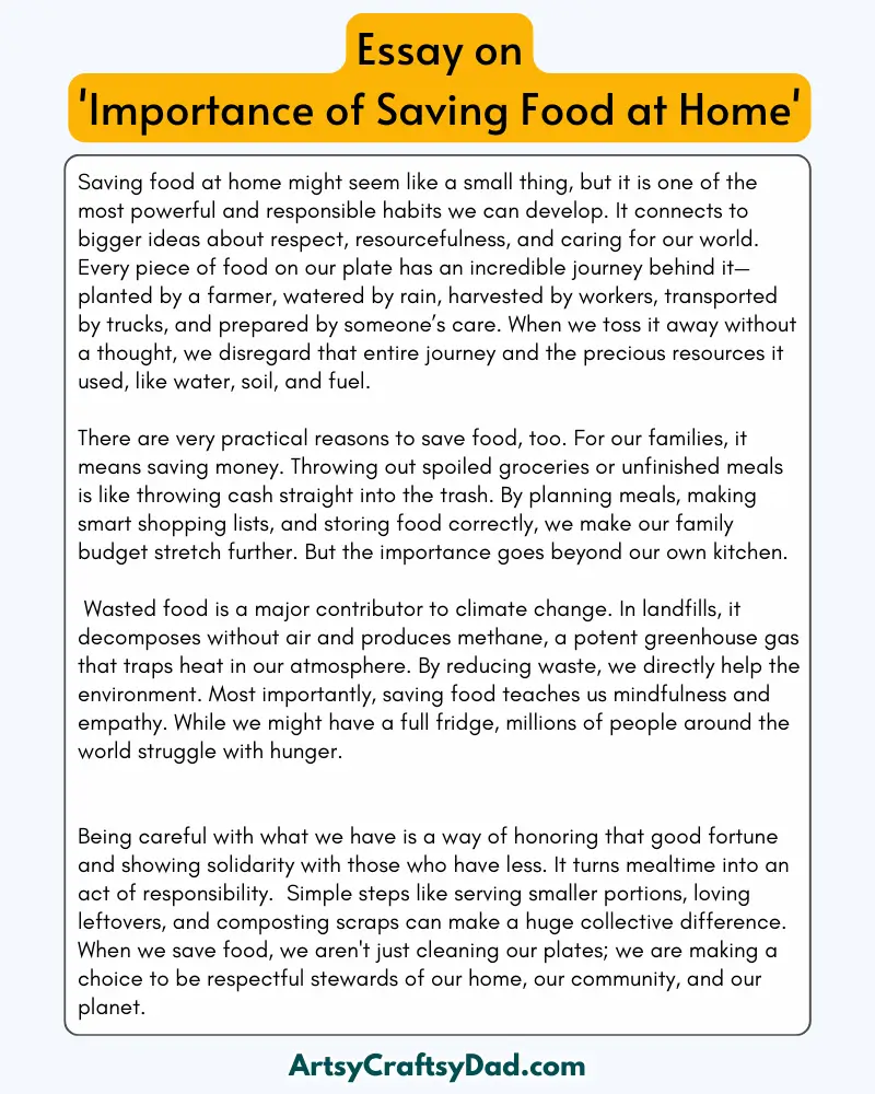 'Importance of Saving Food at Home' - 300 Words  Essay for Grades 7 to 8 Students