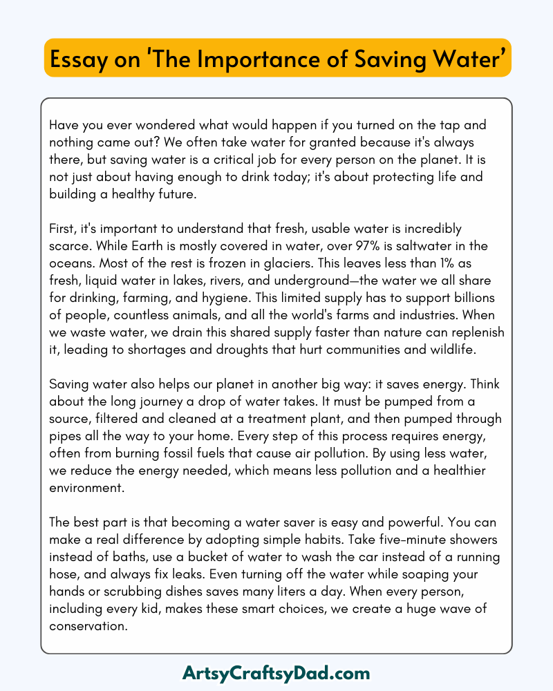 'The Importance of Saving Water' – 300 Words Essay for grades 8 to 9 Students