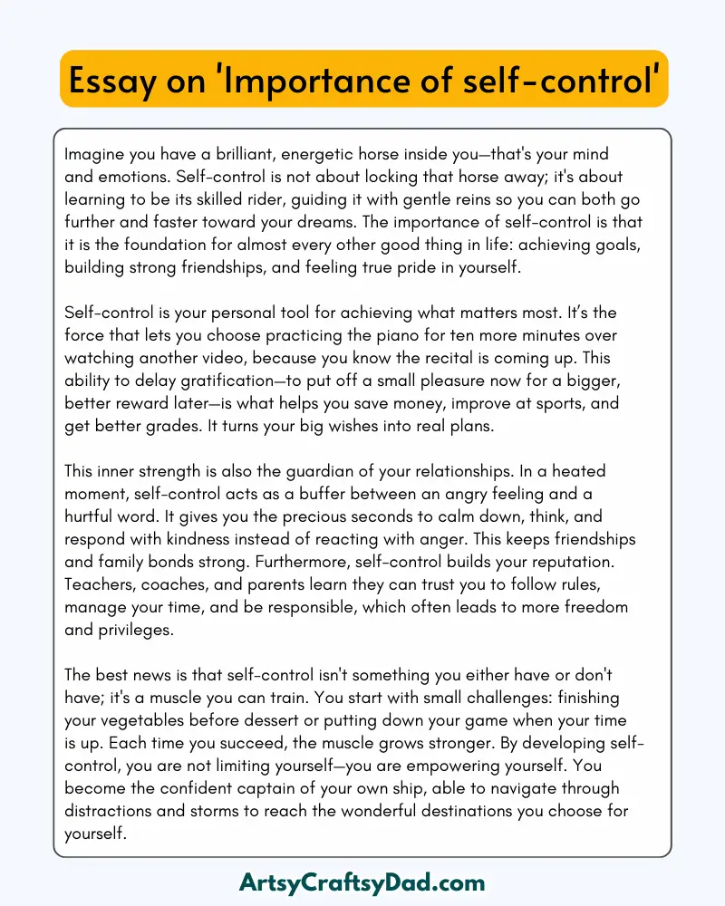 'Importance of Self-Control' - 300 Words  Essay for Grades 8 to 10 Students