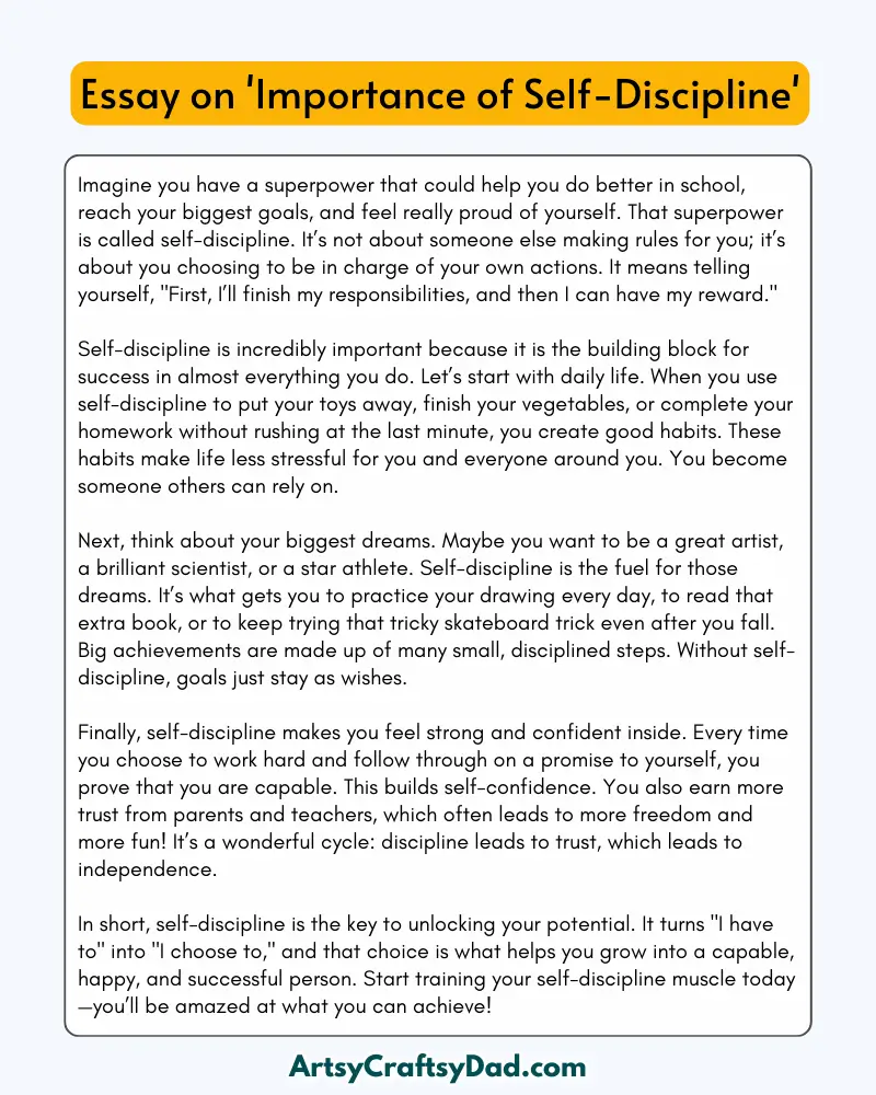 'Importance of Self-Discipline' – 300 Words Essay for Grades 8 to 10 Students