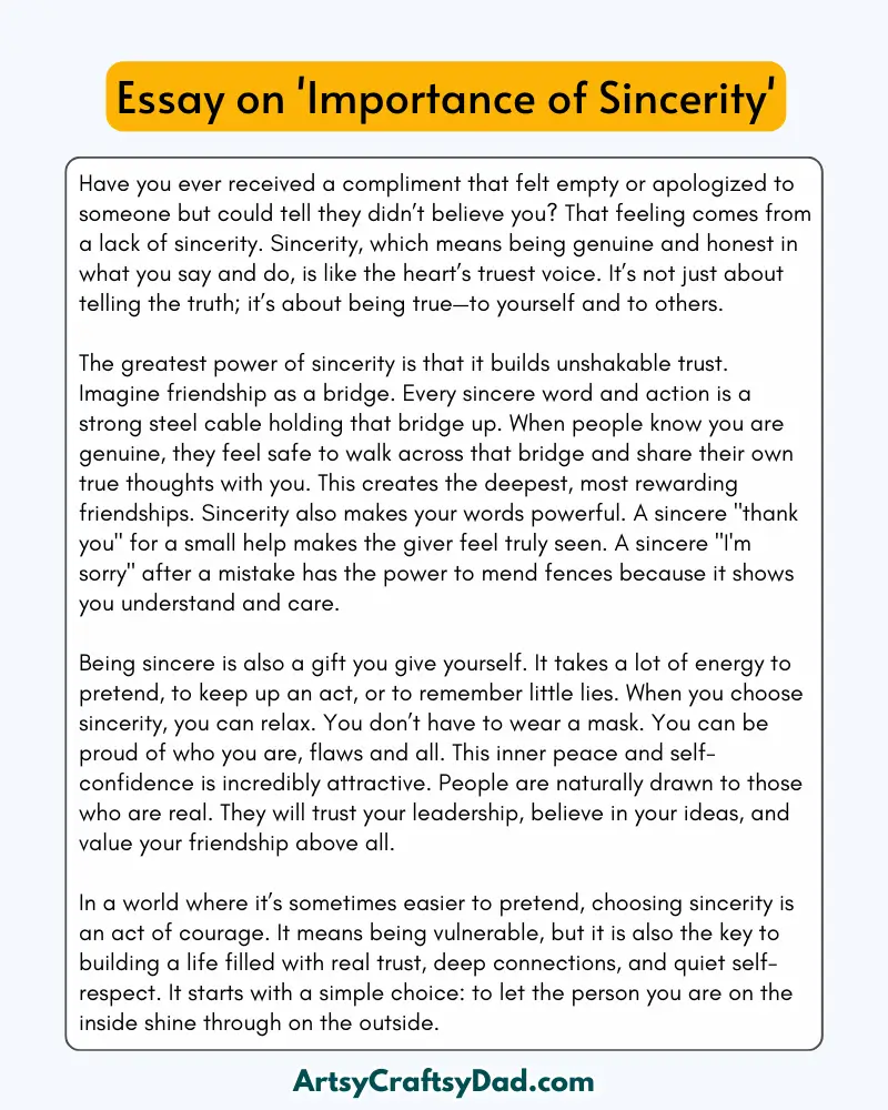 'Importance of Sincerity' - 300 Words Essay for Grades 9 to 10 Students