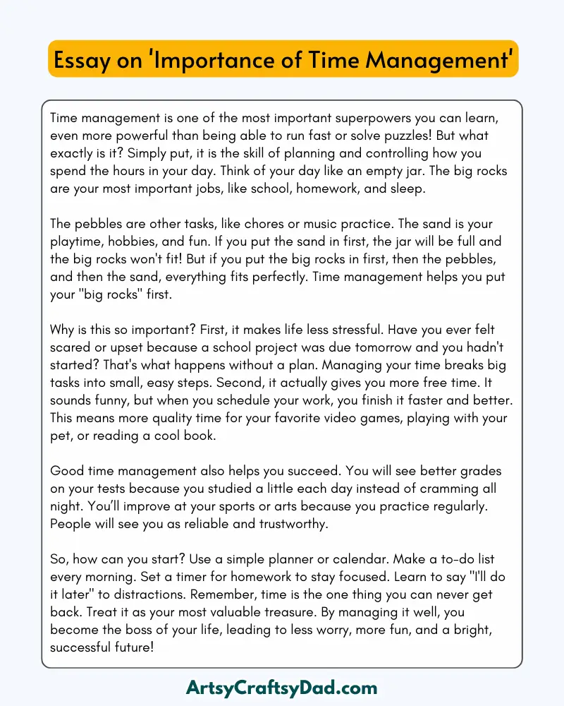 'Importance of Time Management' – 300 Words Essay for Grades 8 to 10 Students