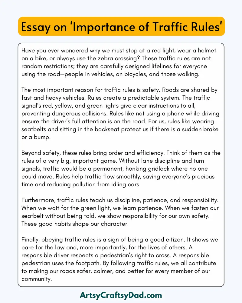 'Importance of Traffic Rules' - 300 Words  Essay for Grade 8 Students