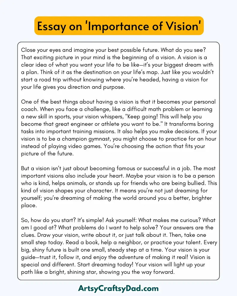 'Importance of Vision' – 300 Words Essay for Grades 8 to 10 Students