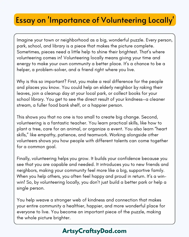'Importance of Volunteering Locally' – 300 Words Essay for Grades 8 to 10 Students