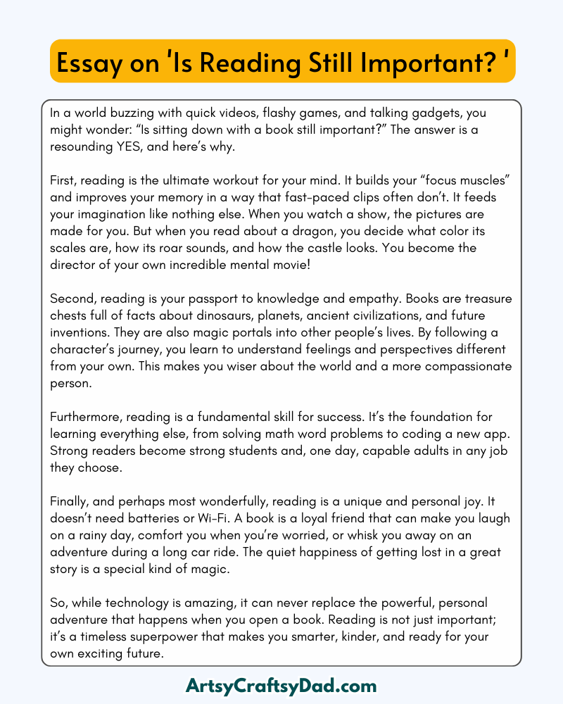 'Is Reading Still Important?' - 300 Words Essay for Grades 8 to 10 Students