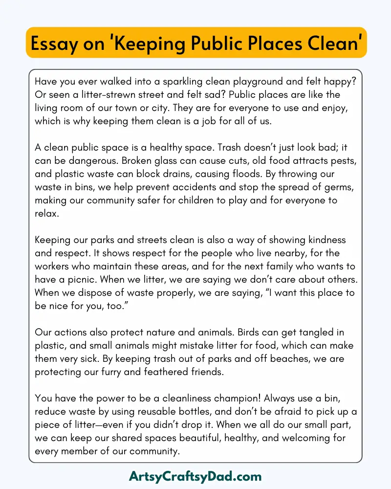'Keeping Public Places Clean' - 300 Words  Essay for Grades 8 to 10 Students