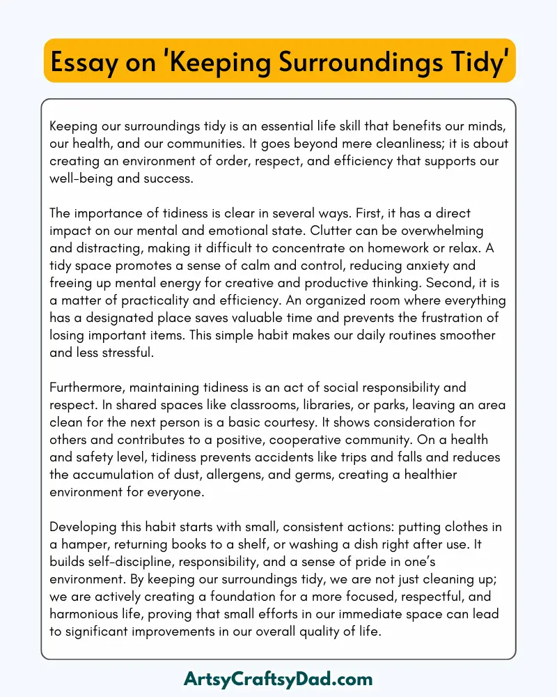 'Keeping Surroundings Tidy' - 300 Words  Essay for Grade 8 Students
