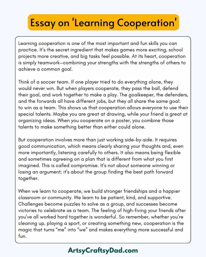 'Learning Cooperation' – 300 Words Essay for Grades 8 to 10 Students