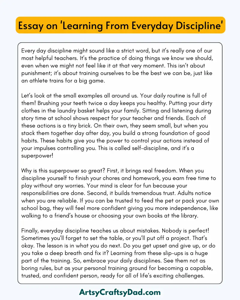 'Learning From Everyday Discipline' - 300 Words Essay for Grades 8 to 10 Students