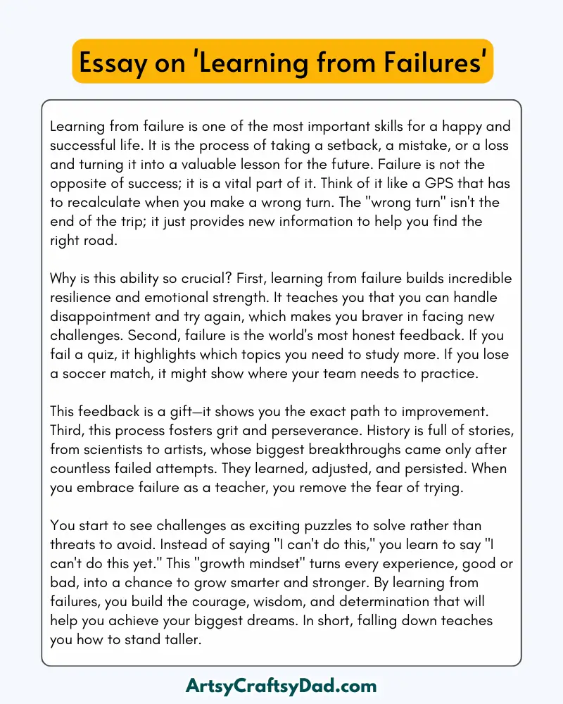 'Learning from Failures' - 300 Words  Essay for Grades 8 to 10 Students