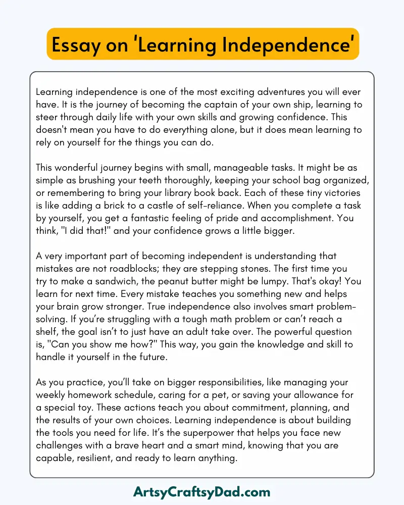 'Learning Independence' – 300 Words Essay for Grades 8 to 10 Students
