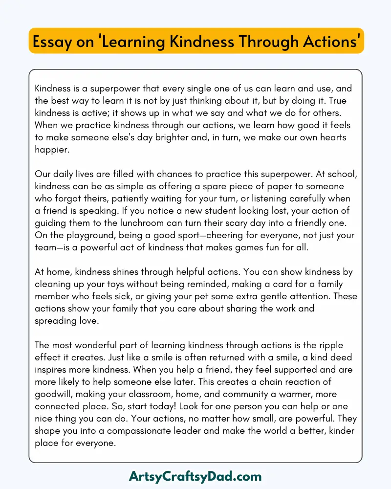 'Learning Kindness Through Actions' – 300 Words Essay for Grades 7 to 10 Students