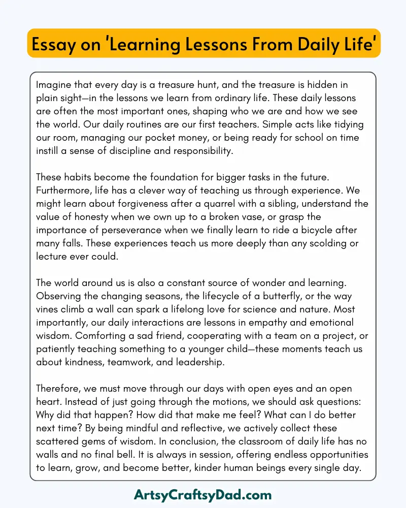 'Learning Lessons From Daily Life' – 300 Words Essay for Grades 8 to 10 Students