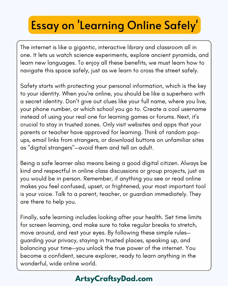 'Learning Online Safely' - 300 Words Essay for Grades 8 to 10 Students