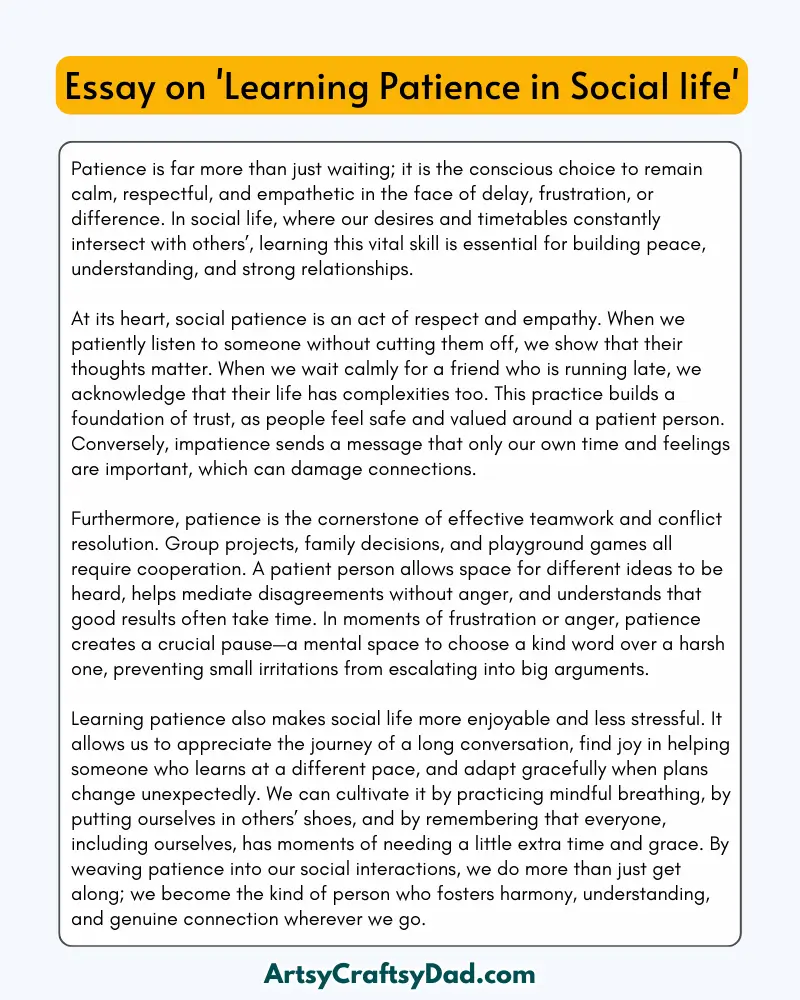 'Learning Patience in Social life' - 300 Words  Essay for Grade 8 Students