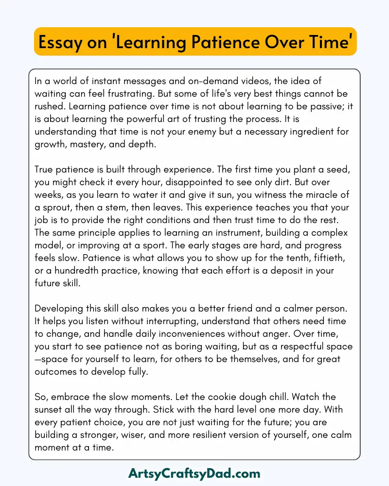 'Learning Patience Over Time' - 300 Words Essay for Grades 9 to 10 Students