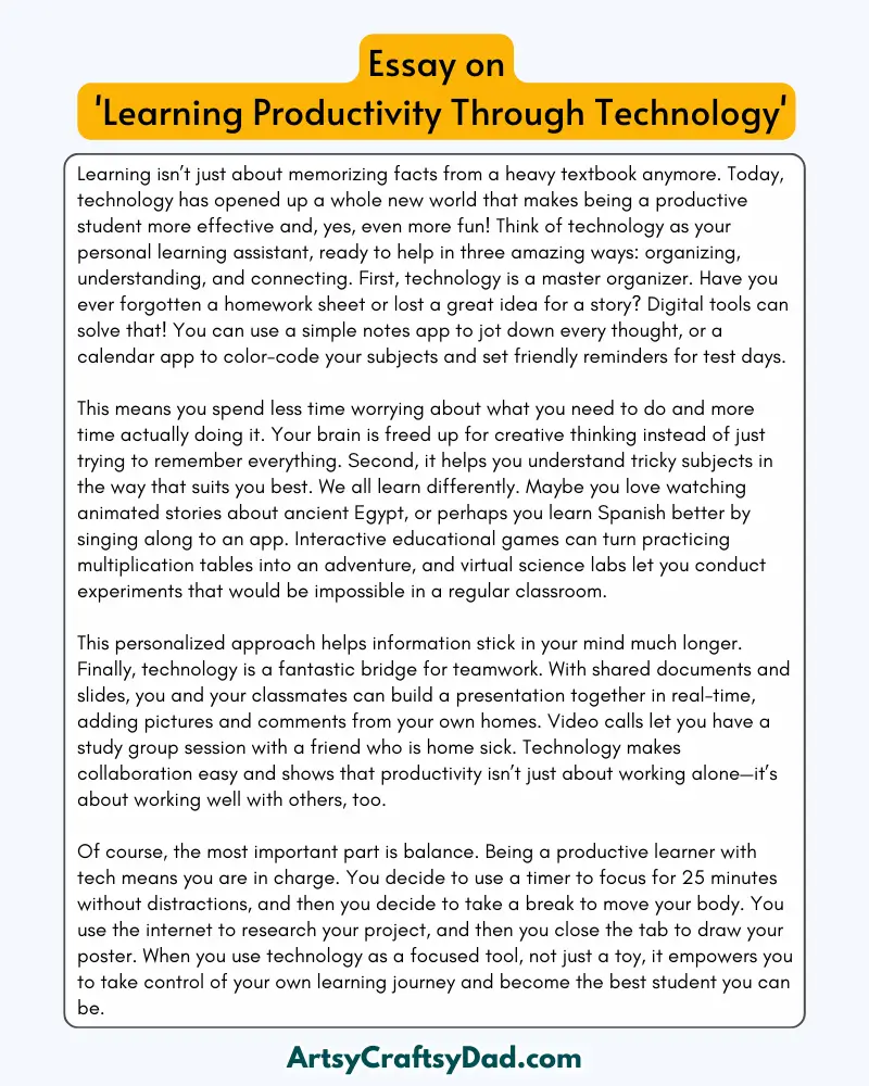 'Learning Productivity Through Technology' - 300 Words Essay for Grades 8 to 10 Students
